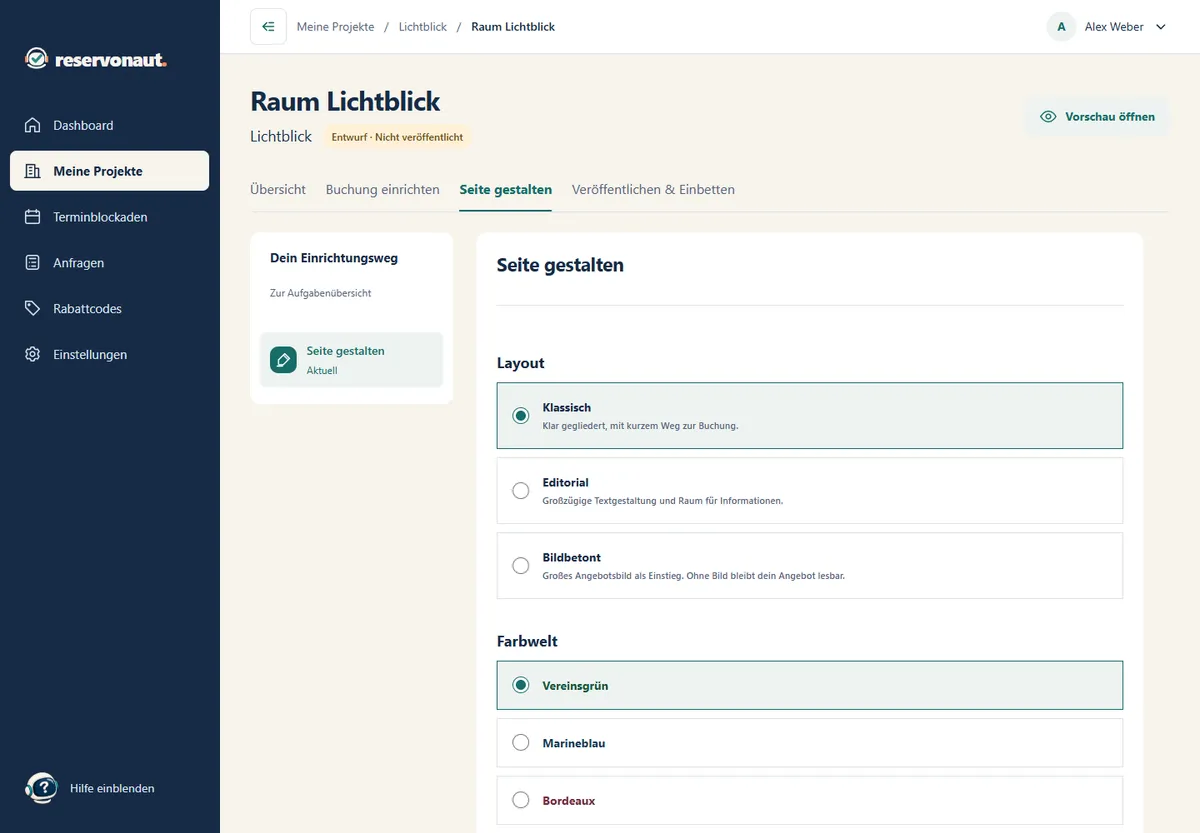 German interface: Design your booking page