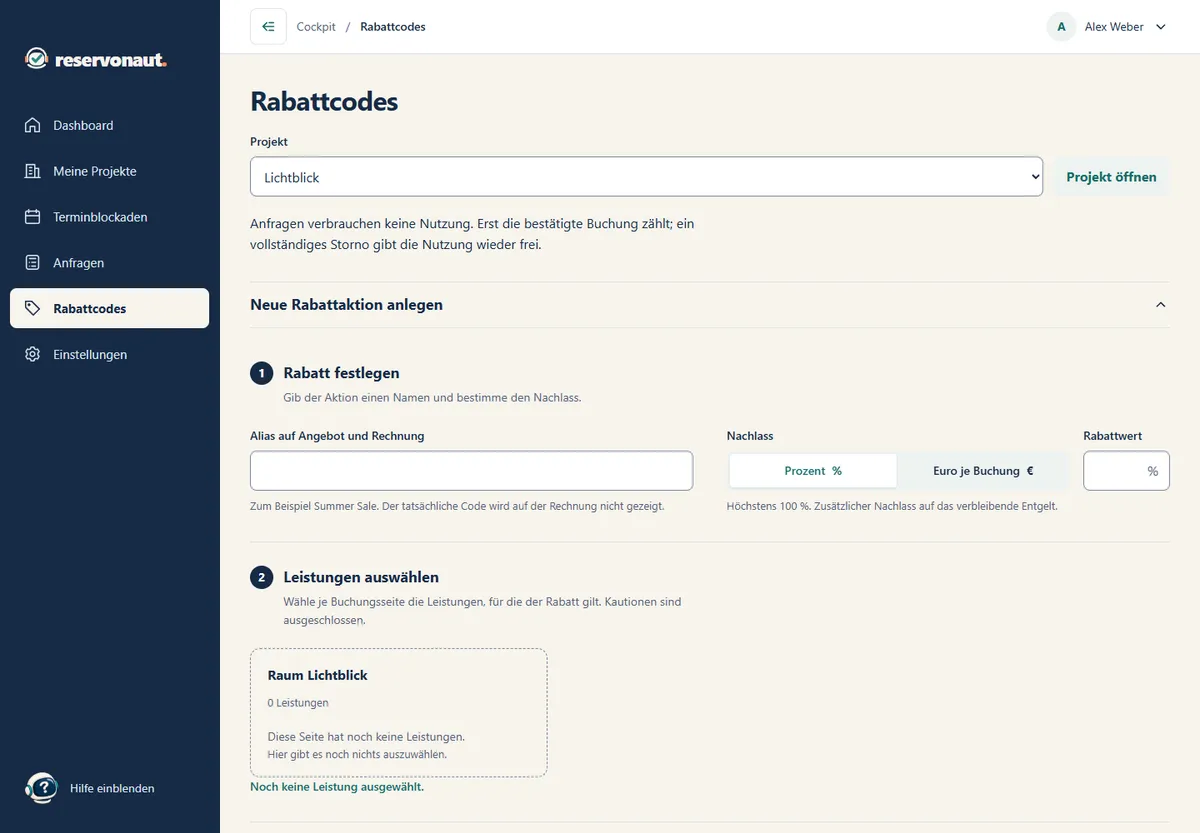 German interface: Offer discount codes
