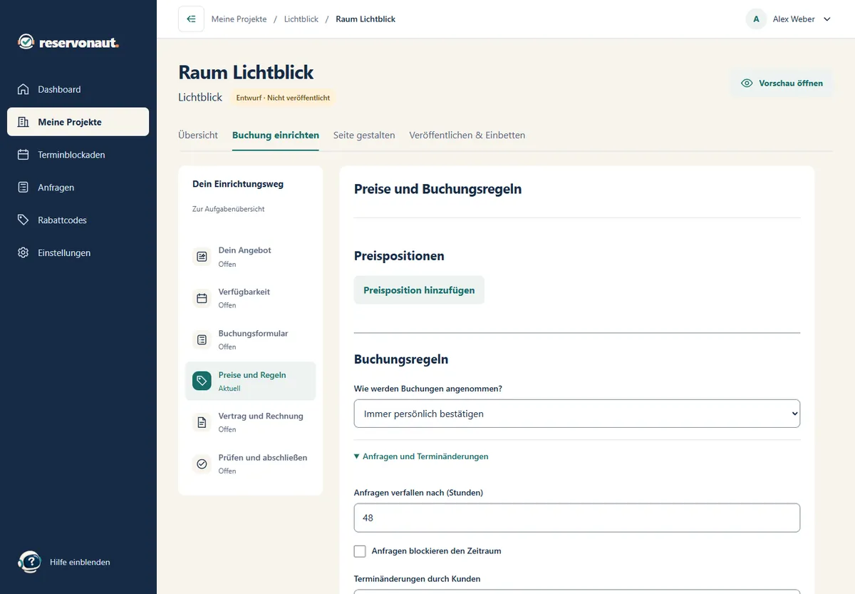 German interface: Set up your offering and rules